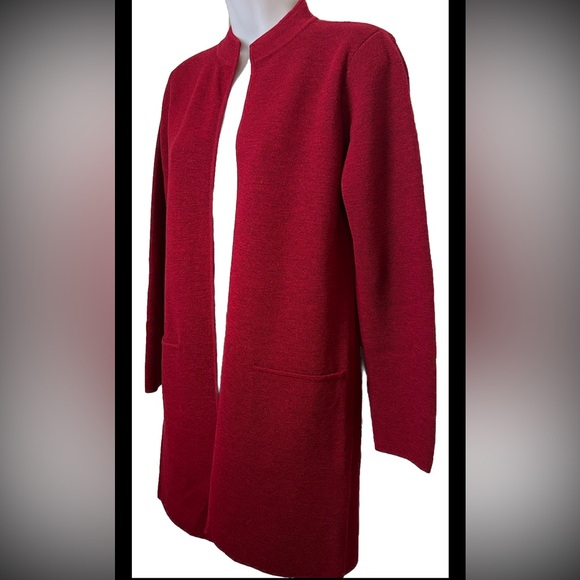 EILEEN FISHER Cardigan Sweater Coat Open Red 100% Wool Tunic Tight Knit XS - Picture 3 of 7
